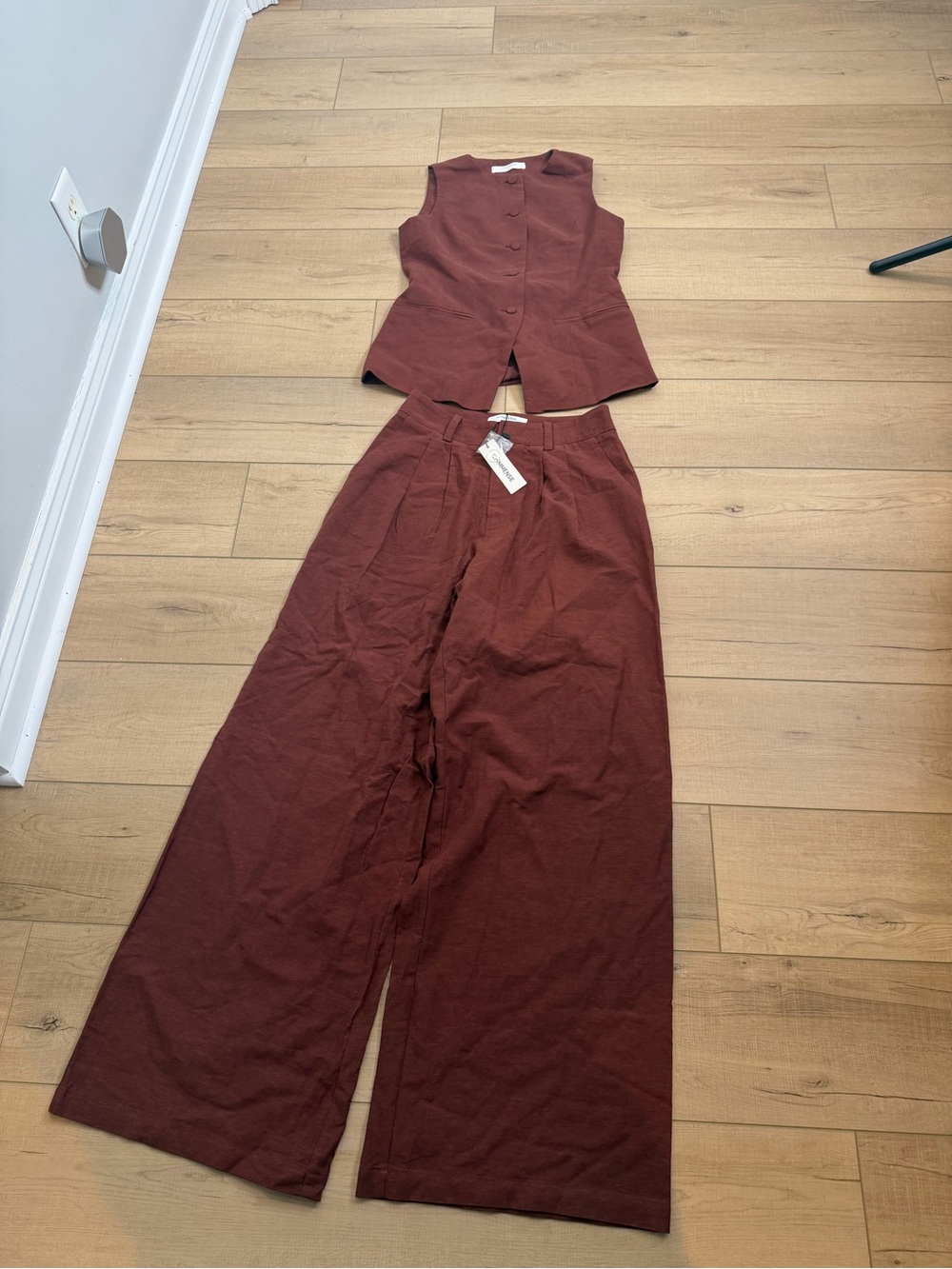 Commense S Mahogany Brown Linen Blend Vest Wide Leg Pants Matching Set NWT NWOT
